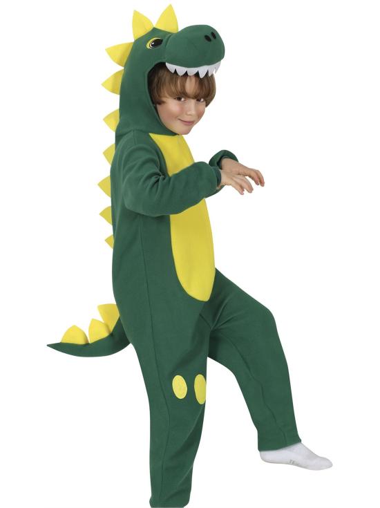 Fantasia de dinossauro verde infantil com capuz.