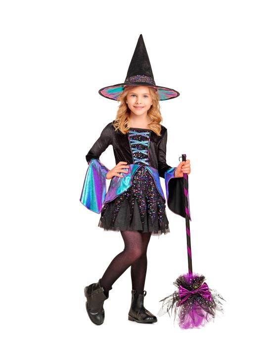 Fantasia infantil de bruxa de luxo – Vestido brilhante + chapéu