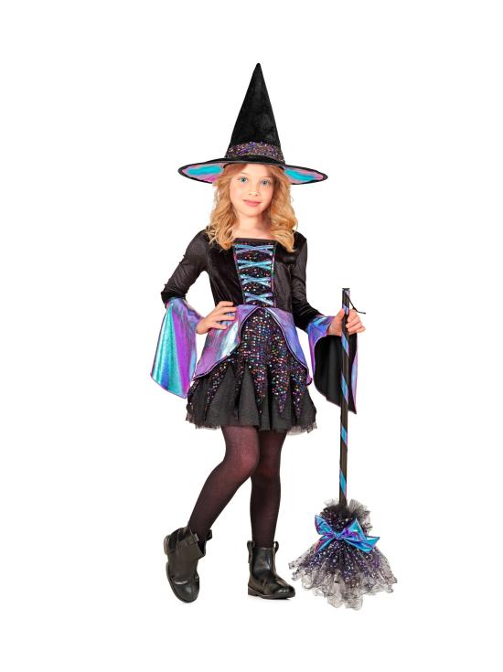 Fantasia infantil de bruxa de luxo – Vestido brilhante + chapéu