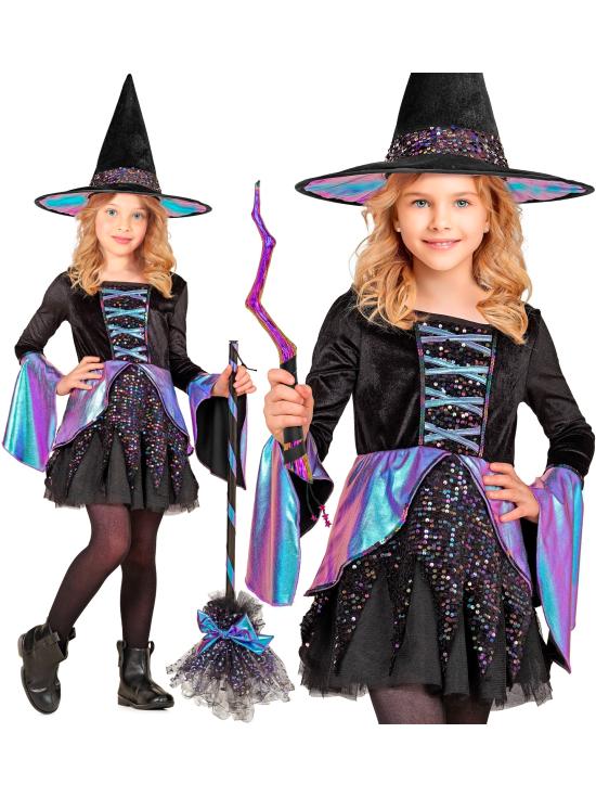 Fantasia infantil de bruxa de luxo – Vestido brilhante + chapéu