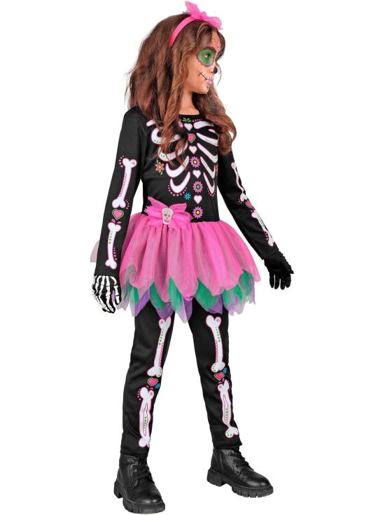 Fantasia infantil SKELTON - Dia dos Mortos (macacão com tutu + tiara de caveira)