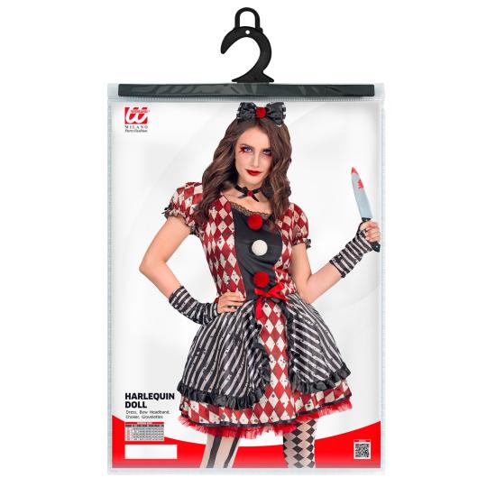 Fantasia de boneca arlequim feminina – Vestido com laço, gargantilha e luvas