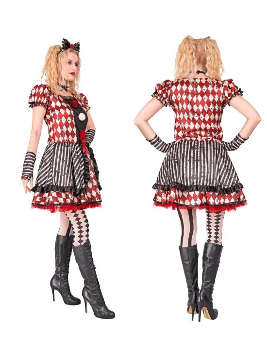 Fantasia de boneca arlequim feminina – Vestido com laço, gargantilha e luvas