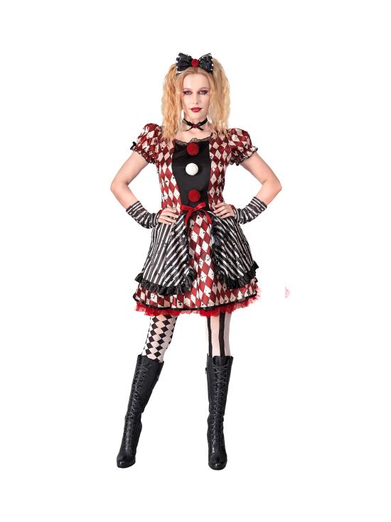 Fantasia de boneca arlequim feminina – Vestido com laço, gargantilha e luvas