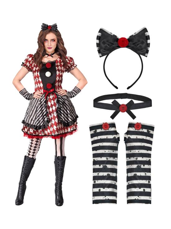 Fantasia de boneca arlequim feminina – Vestido com laço, gargantilha e luvas