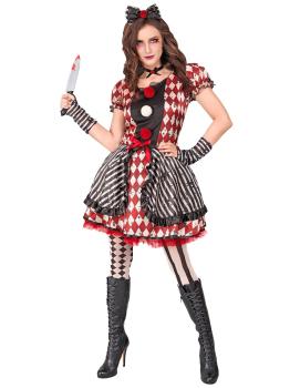 Fantasia de boneca arlequim feminina – Vestido com laço, gargantilha e luvas