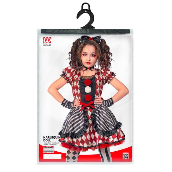 Fantasia de boneca arlequim para meninas – Vestido com laço, gargantilha e luvas Fantasia de boneca arlequim para meninas – Vestido com laço, gargantilha e luvas