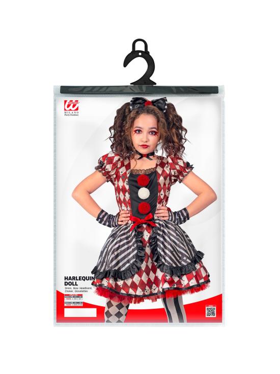 Fantasia de boneca arlequim para meninas – Vestido com laço, gargantilha e luvas
