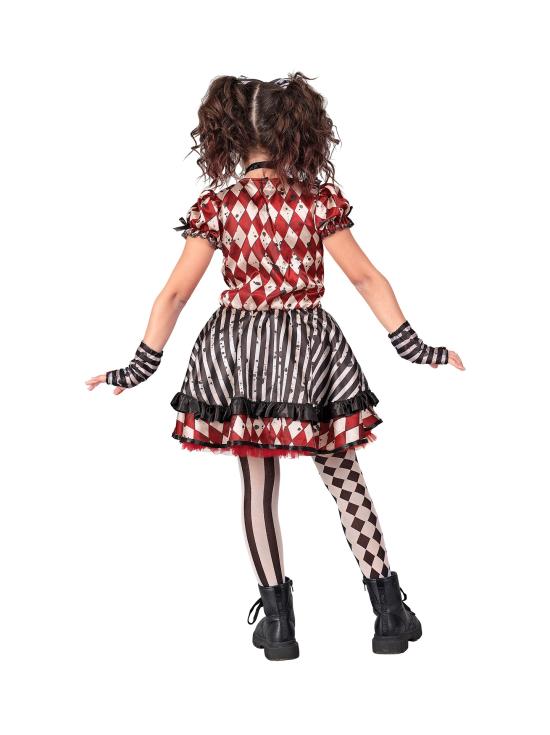 Fantasia de boneca arlequim para meninas – Vestido com laço, gargantilha e luvas
