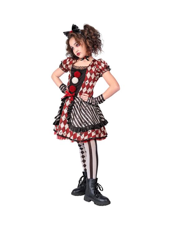 Fantasia de boneca arlequim para meninas – Vestido com laço, gargantilha e luvas