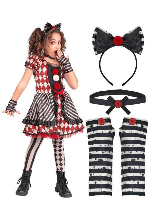 Fantasia de boneca arlequim para meninas – Vestido com laço, gargantilha e luvas