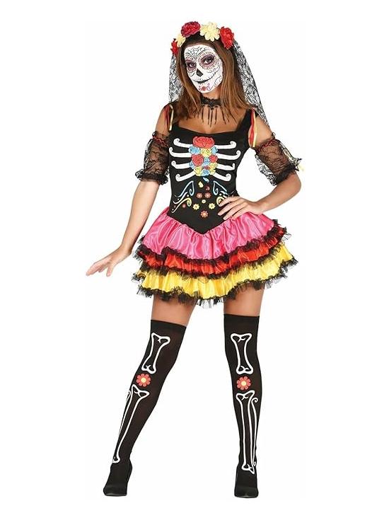 Fantasia feminina sexy e colorida de Senhora da Morte Mexicana Catrina