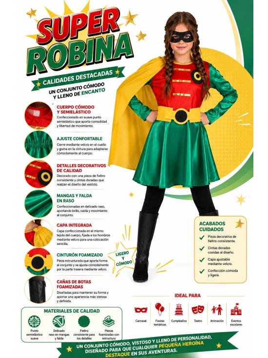 Fantasia da Super Robin Girl com Capa e Botas | Super-heroína Infantil