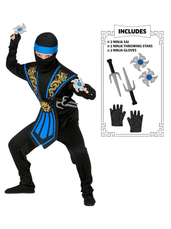 Fantasia de Ninja Azul para Meninos com Conjunto de Armas