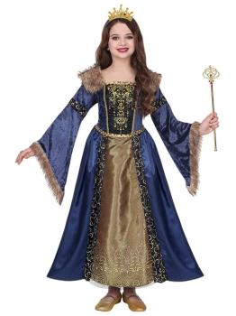 Fantasia de rainha medieval azul luxuosa para meninas