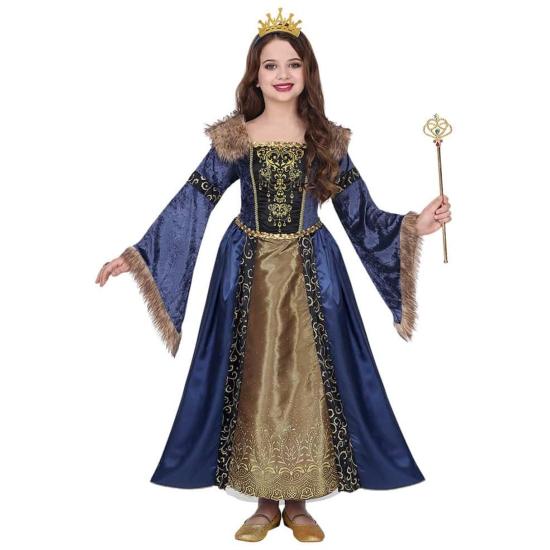 Fantasia de rainha medieval azul luxuosa para meninas Fantasia de rainha medieval azul luxuosa para meninas