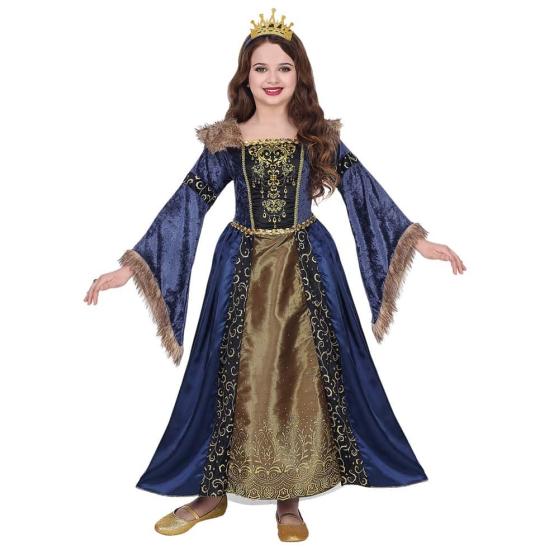 Fantasia de rainha medieval azul luxuosa para meninas Fantasia de rainha medieval azul luxuosa para meninas