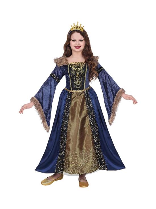Fantasia de rainha medieval azul luxuosa para meninas