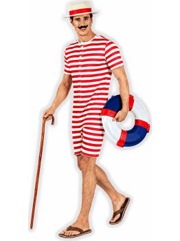 Traje de banho retrô masculino dos anos 1920 e 30, vermelho.