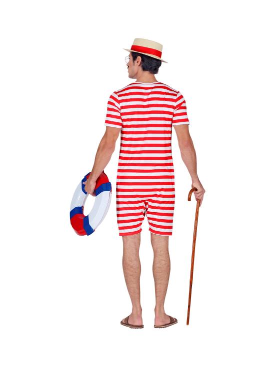 Traje de banho retrô masculino dos anos 1920 e 30, vermelho.