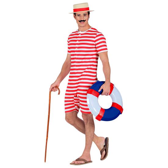 Traje de banho retrô masculino dos anos 1920 e 30, vermelho.