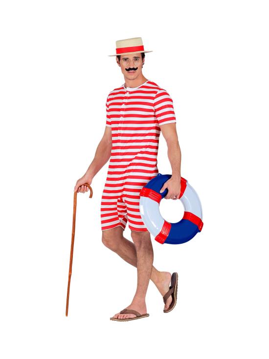 Traje de banho retrô masculino dos anos 1920 e 30, vermelho.