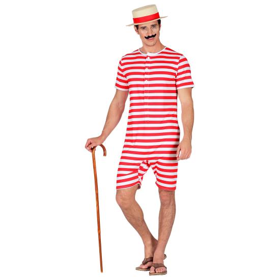 Traje de banho retrô masculino dos anos 1920 e 30, vermelho.