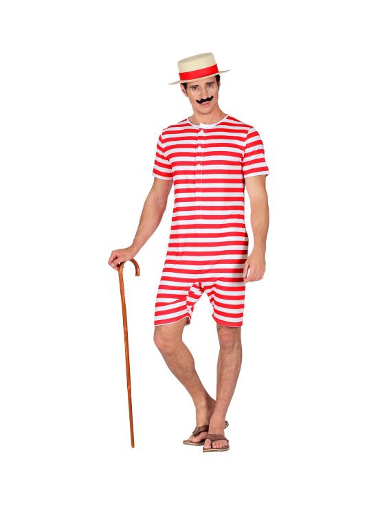 Traje de banho retrô masculino dos anos 1920 e 30, vermelho.