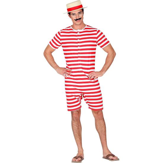 Traje de banho retrô masculino dos anos 1920 e 30, vermelho.