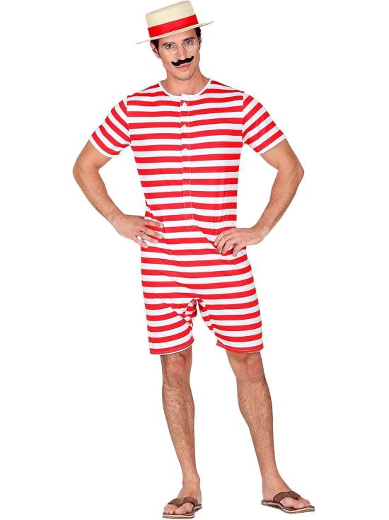 Traje de banho retrô masculino dos anos 1920 e 30, vermelho.