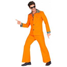 Fato de discoteca laranja dos anos 70 para homem