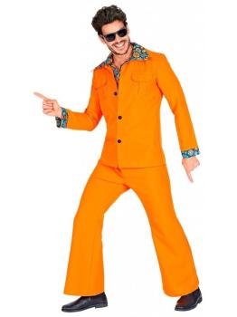 Fato de discoteca laranja dos anos 70 para homem