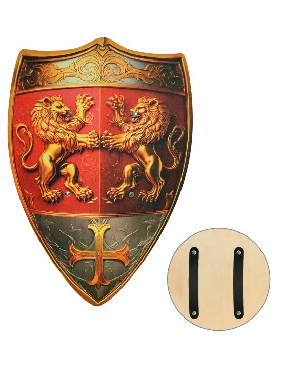 Escudo de madeira em forma de coração de leão para trajes medievais