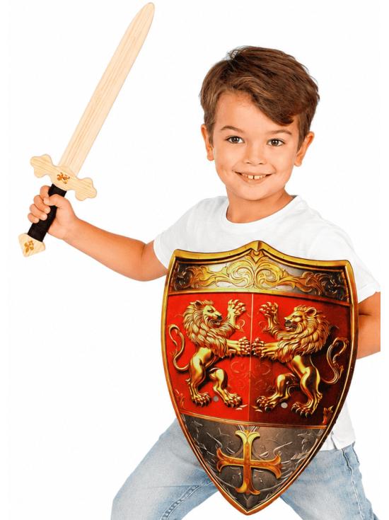 Escudo de madeira em forma de coração de leão para trajes medievais