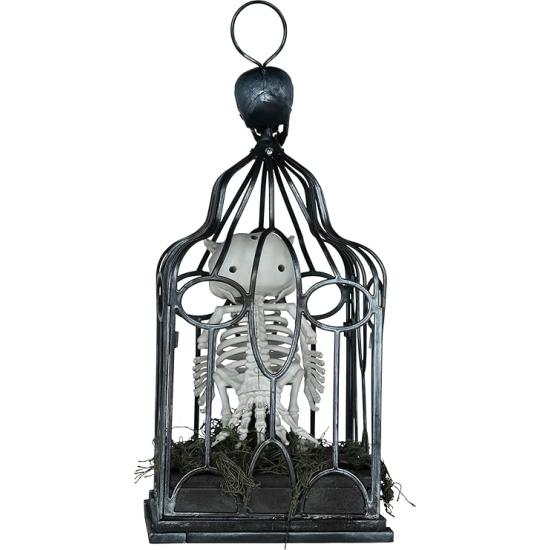 Esqueleto de coruja em gaiola com luz, som e movimento (33 cm)