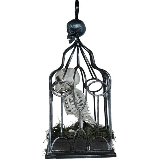 Esqueleto de coruja em gaiola com luz, som e movimento (33 cm)