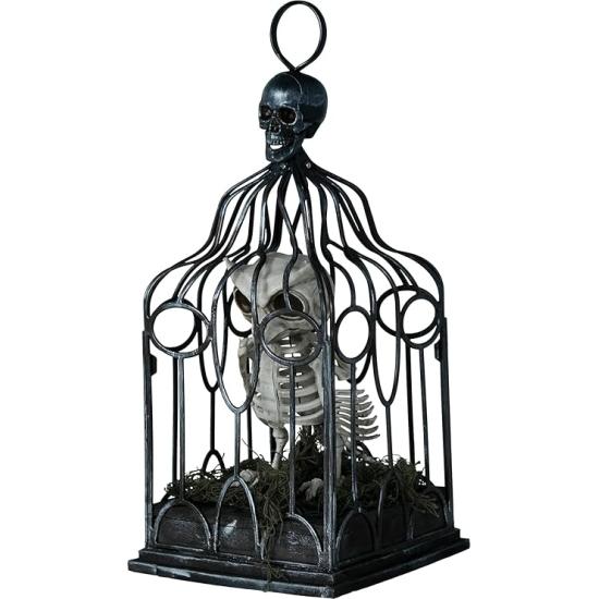 Esqueleto de coruja em gaiola com luz, som e movimento (33 cm)
