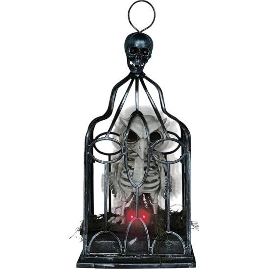 Esqueleto de coruja em gaiola com luz, som e movimento (33 cm)