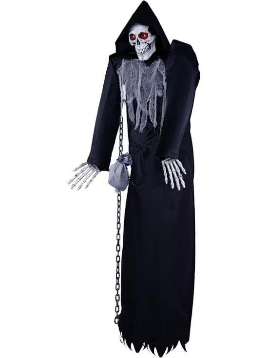 Esqueleto em Manto Preto com Som 250 cm - Decoração de Halloween com Luz e Movimento