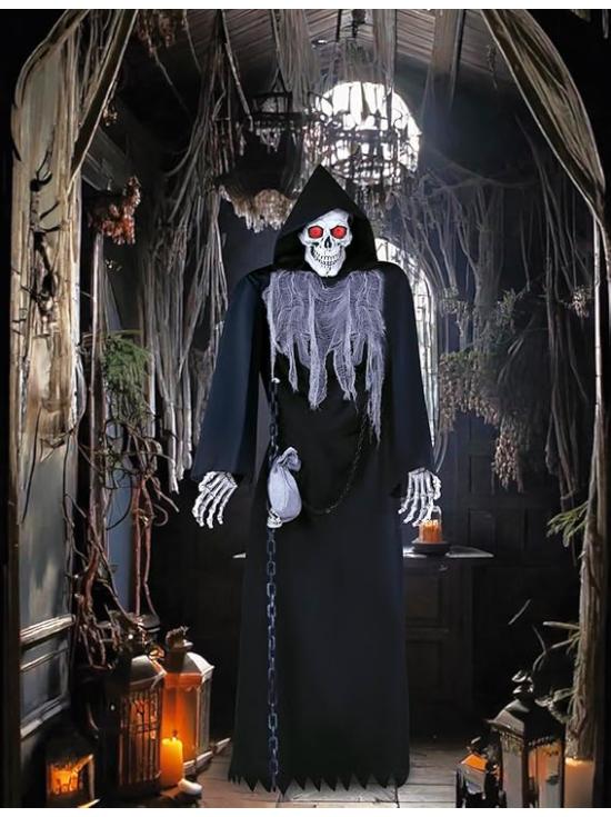 Esqueleto em Manto Preto com Som 250 cm - Decoração de Halloween com Luz e Movimento