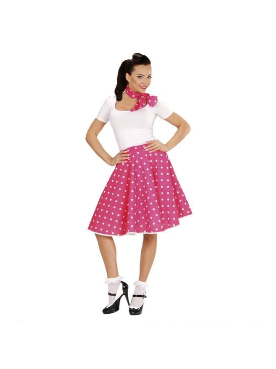 Saia rosa de bolinhas estilo anos 50 com lenço estilo anos 50, tamanho único