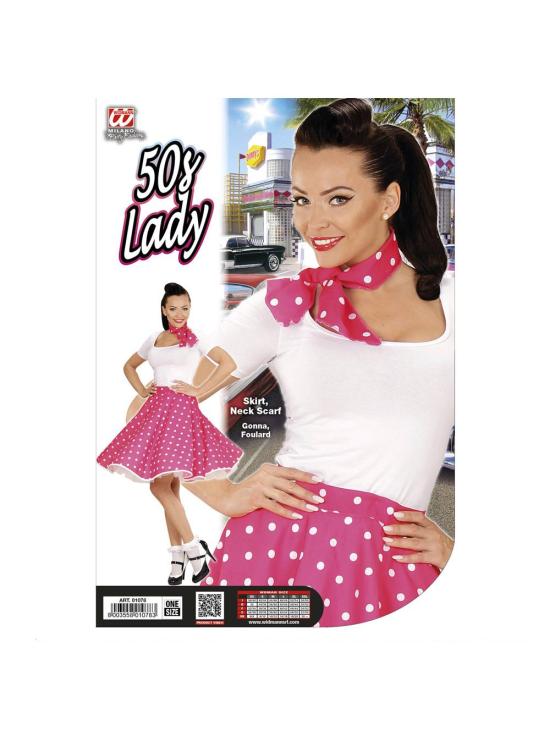 Saia rosa de bolinhas estilo anos 50 com lenço estilo anos 50, tamanho único