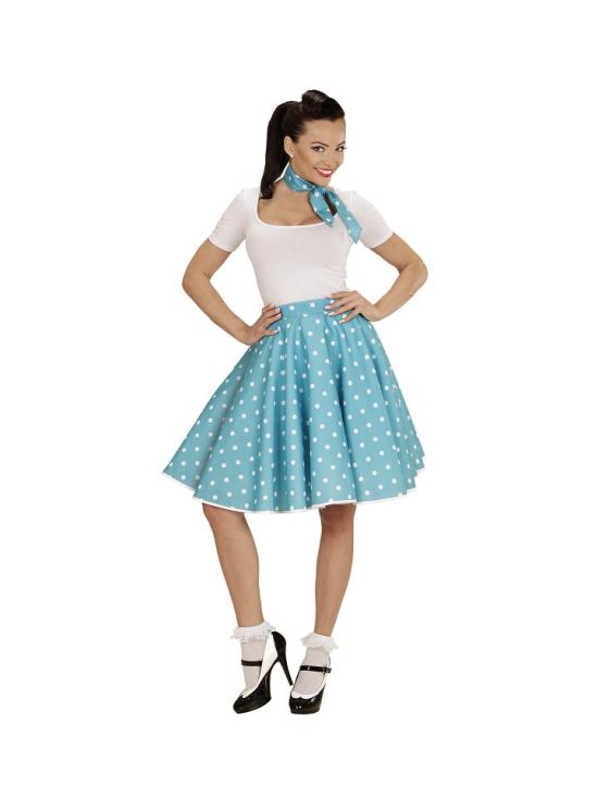 Saia turquesa de bolinhas dos anos 50 com um lenço estilo Grease.