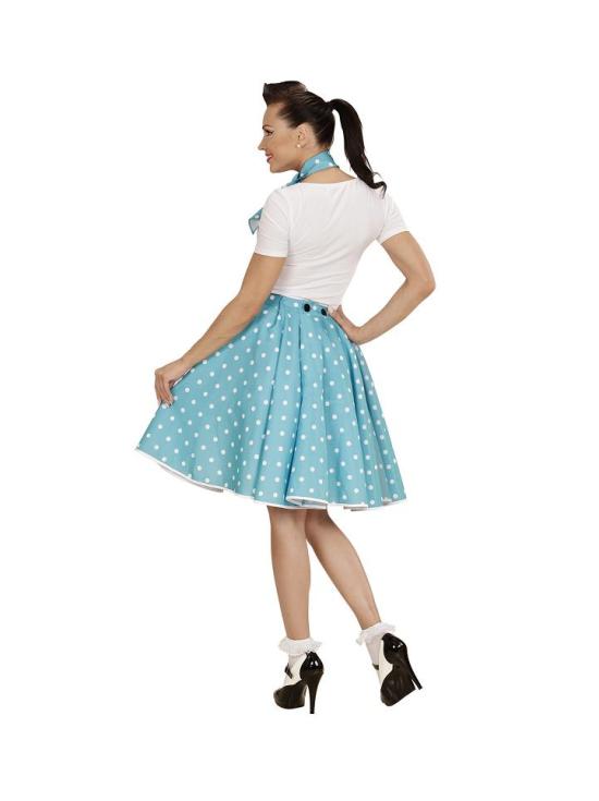 Saia turquesa de bolinhas dos anos 50 com um lenço estilo Grease.