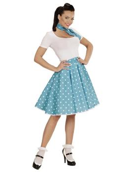 Saia turquesa de bolinhas dos anos 50 com um lenço estilo Grease.