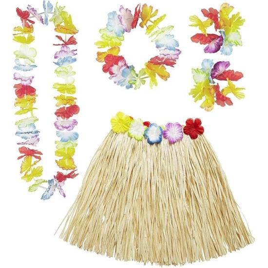 Saia havaiana longa com top e acessórios.
