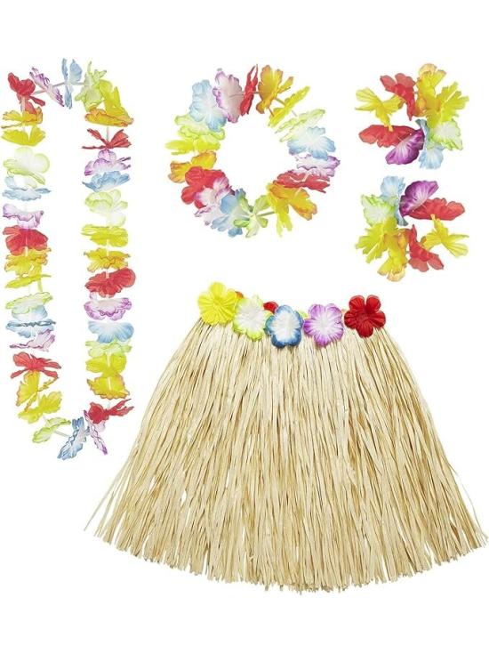 Saia havaiana longa com top e acessórios.