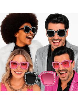 Óculos de festa com strass e cristais coloridos