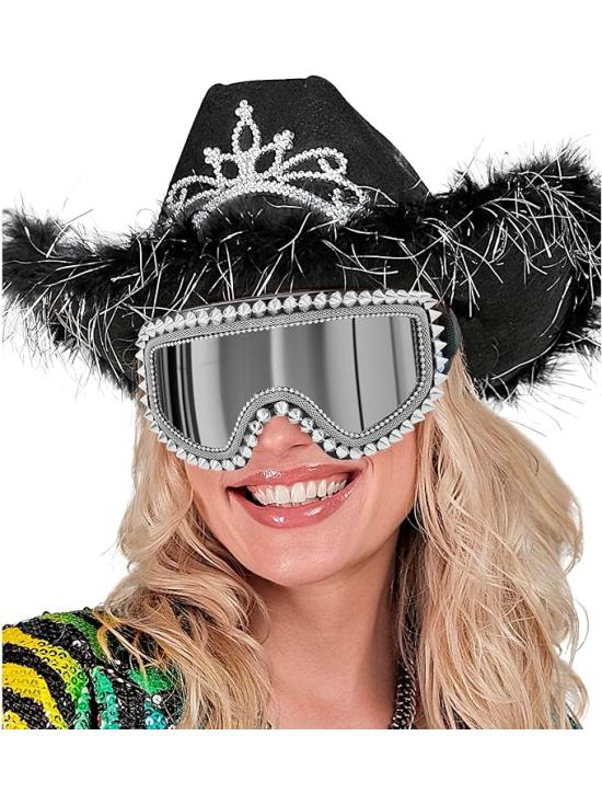 Óculos de sol espelhados com tachas e strass – Prata ou dourado – Acessório para carnaval e festivais