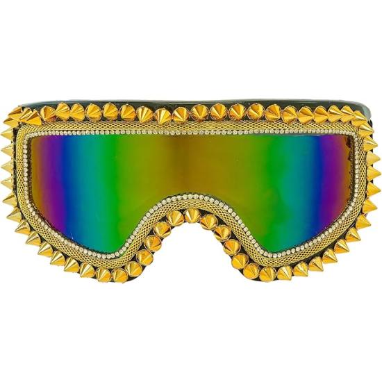Óculos de sol espelhados com tachas e strass – Prata ou dourado – Acessório para carnaval e festivais